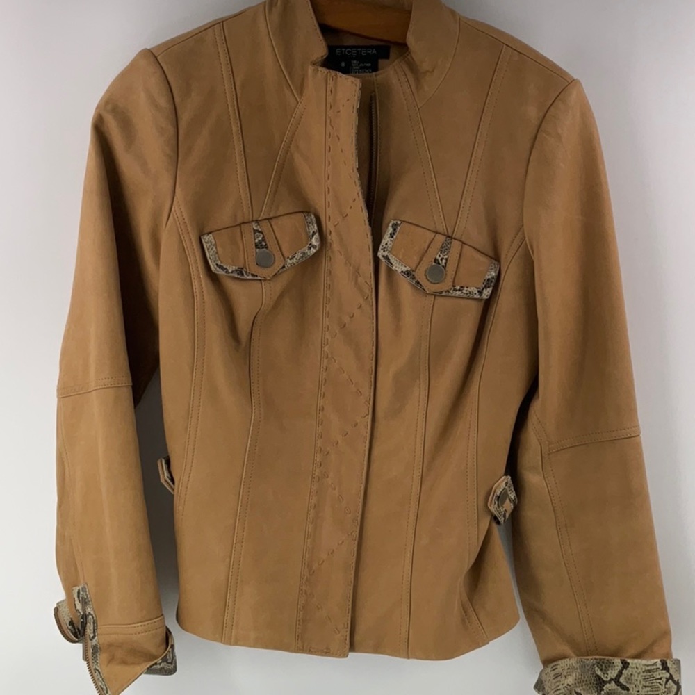 Etcetera Women’s Leather Jacket Brown Beige Size 8 Snake Skin Trim Vintage EUC